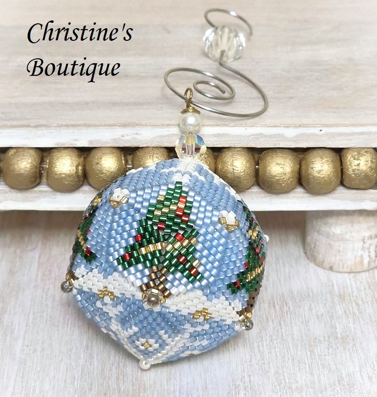 Beaded ornament, handmade, miyuki glass beads, snow scene, christmas tree and snowflake - Click Image to Close