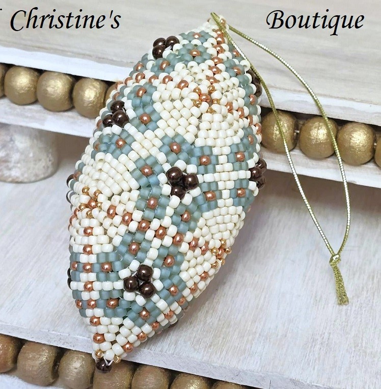Beaded ornament, handmade, miyuki glass beads, with bronze pearl accents, oblong shape - Click Image to Close