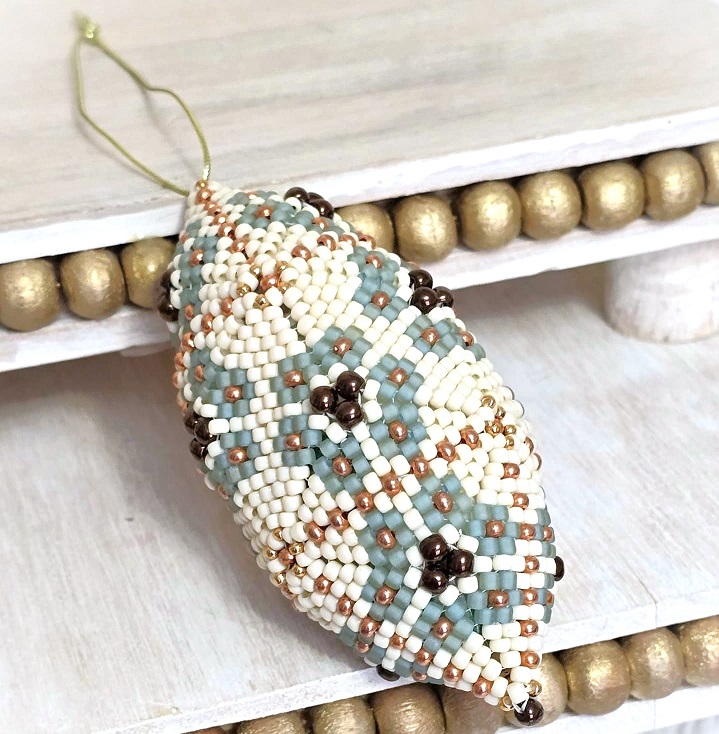 Beaded ornament, handmade, miyuki glass beads, with bronze pearl accents, oblong shape