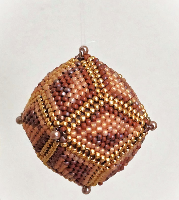 Beaded ornament, handmade, miyuki glass beads, bronze, orange and copper colors, sphere shaped