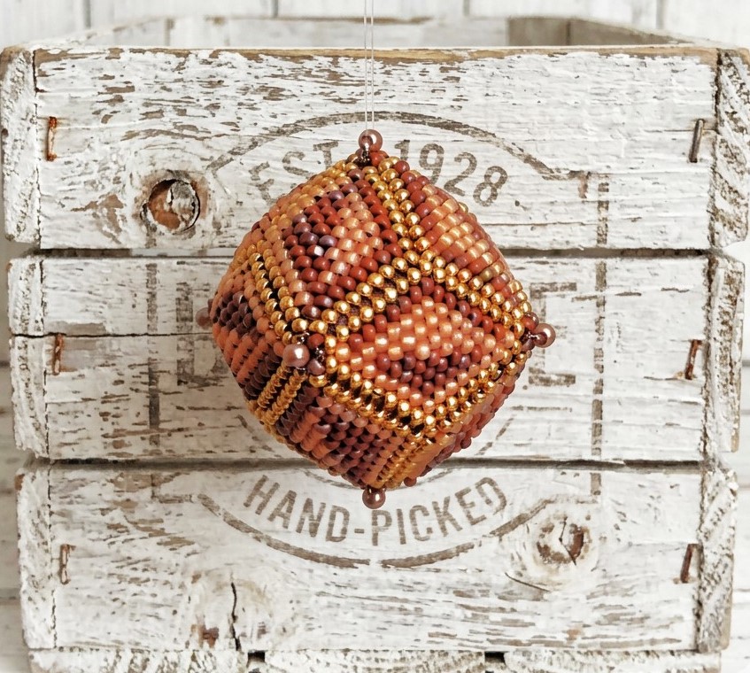 Beaded ornament, handmade, miyuki glass beads, bronze, orange and copper colors, sphere shaped Beaded ornament, handmade, miyuki glass beads, bronze, orange and copper colors, sphere shaped