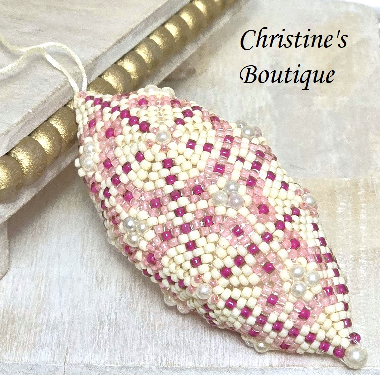 Beaded ornament, handmade, miyuki glass beads, with pearl accents, oblong shape - Click Image to Close