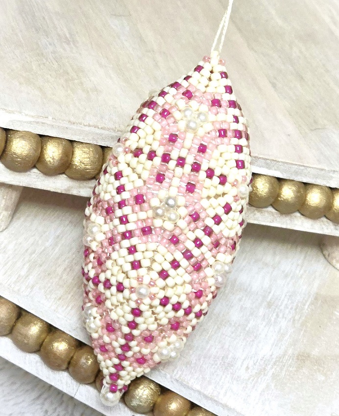 Beaded ornament, handmade, miyuki glass beads, with pearl accents, oblong shape