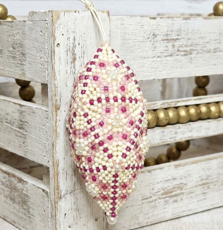 Beaded ornament, handmade, miyuki glass beads, with pearl accents, oblong shape