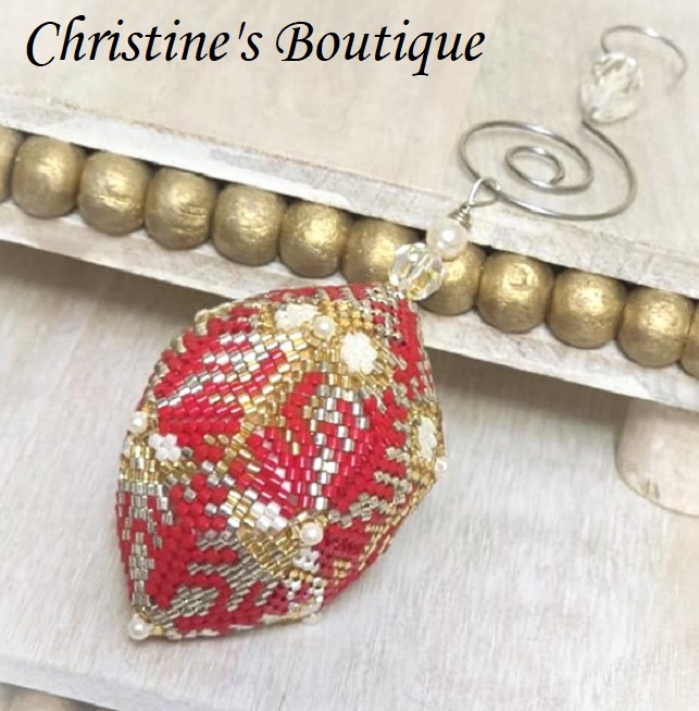 Beaded ornament, miyuki glass ornament, handmade, egg shaped ornament, red, white and gold/silver - Click Image to Close