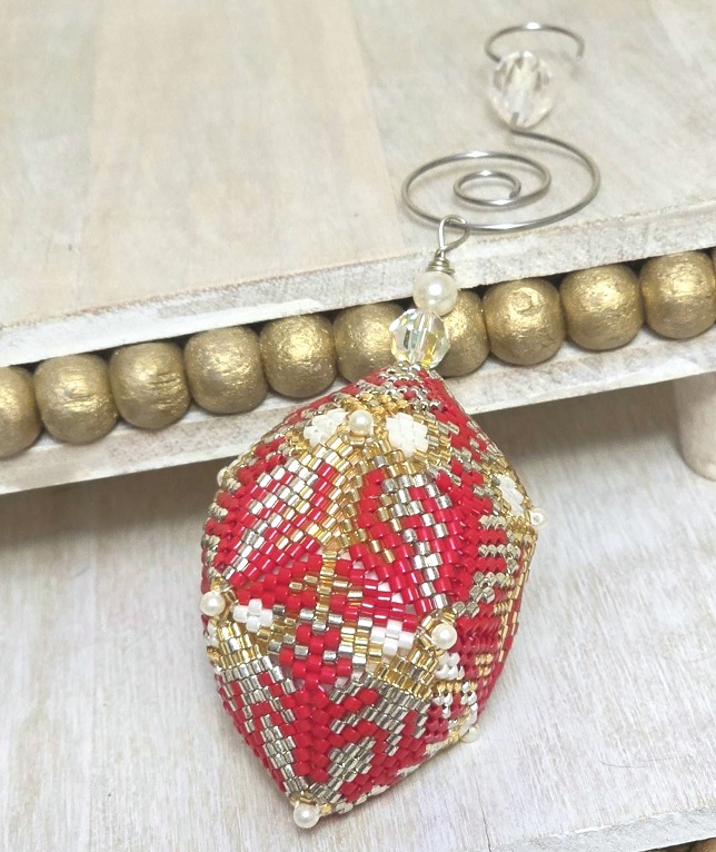 Beaded ornament, miyuki glass ornament, handmade, egg shaped ornament, red, white and gold/silver