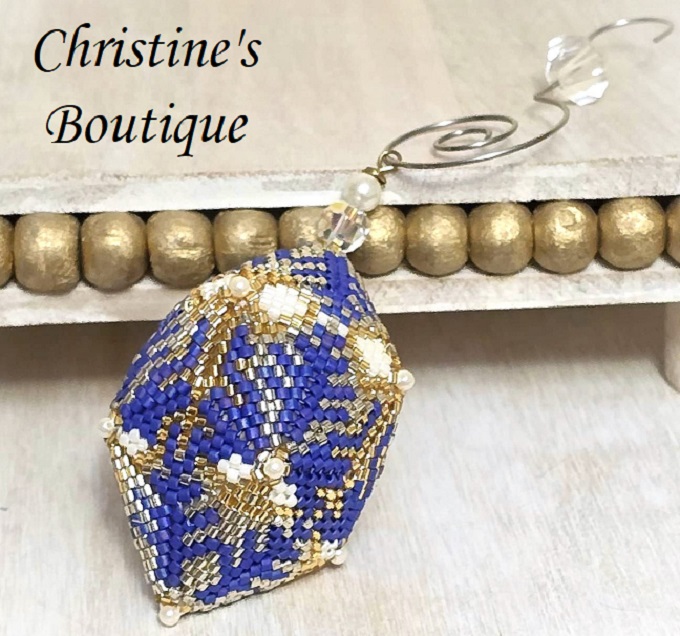 Beaded ornament, miyuki glass ornament, handmade, egg shaped ornament, blue, white and gold/silver - Click Image to Close