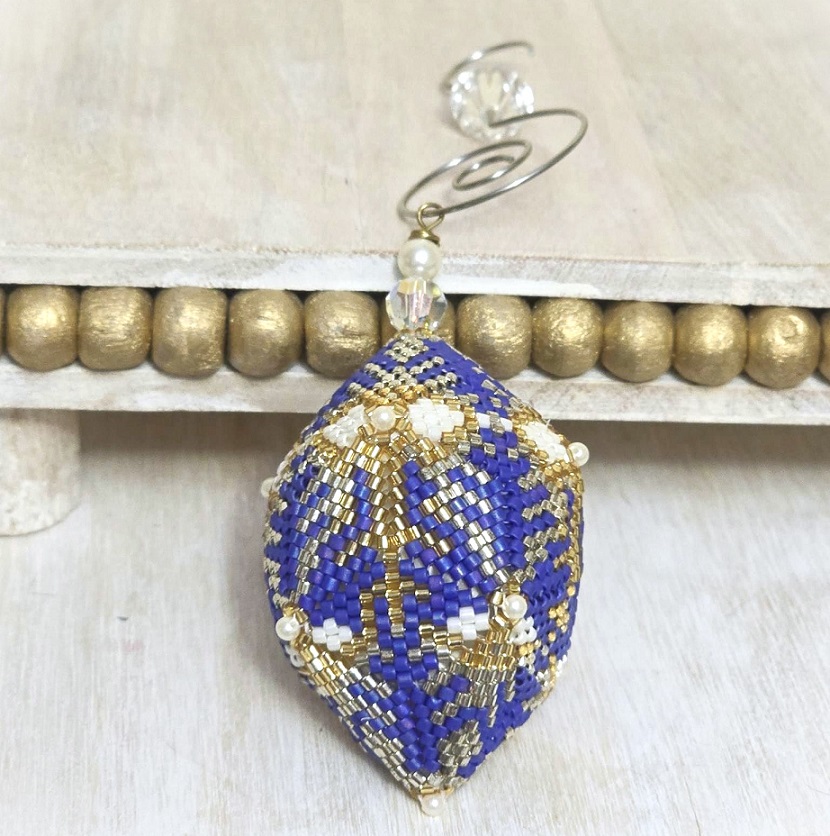Beaded ornament, miyuki glass ornament, handmade, egg shaped ornament, blue, white and gold/silver