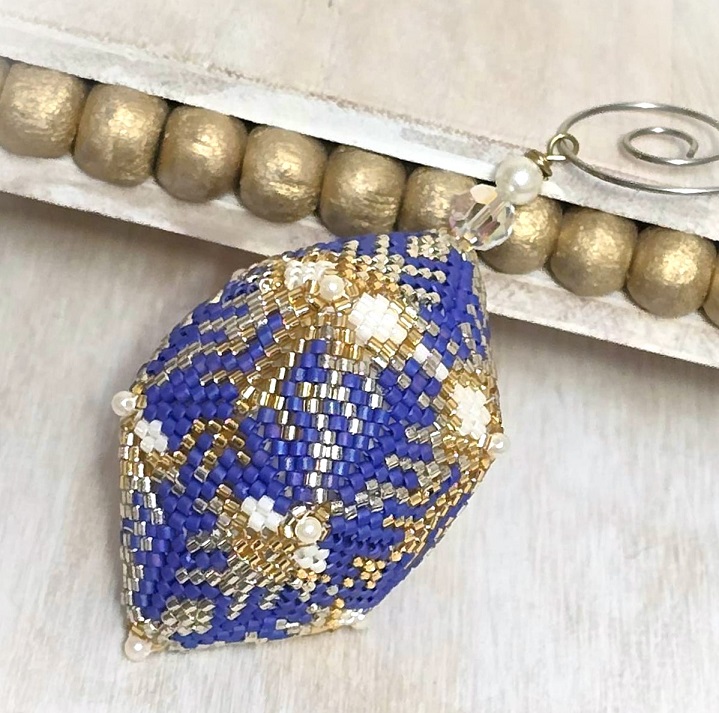 Beaded ornament, miyuki glass ornament, handmade, egg shaped ornament, blue, white and gold/silver