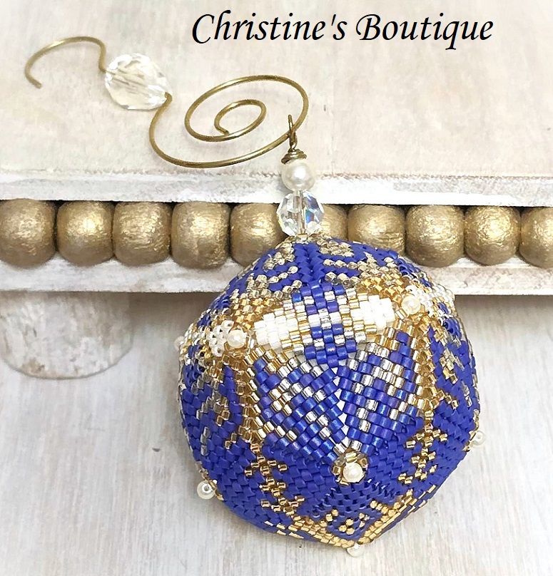 Beaded ornament, miyuki glass ornament, handmade, round shaped ornament, blue, white and gold/silver - Click Image to Close