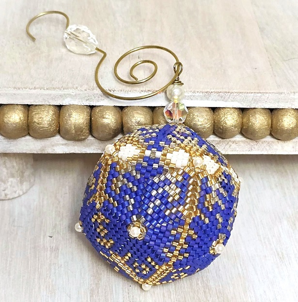 Beaded ornament, miyuki glass ornament, handmade, round shaped ornament, blue, white and gold/silver
