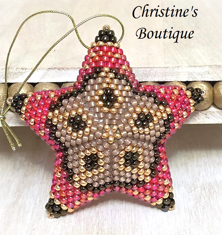 Beaded 3D star ornament, handmade, miyuki glass beads, star ornament, gold and red - Click Image to Close