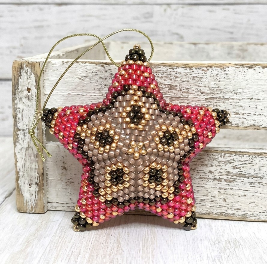 Beaded 3D star ornament, handmade, miyuki glass beads, star ornament, gold and red