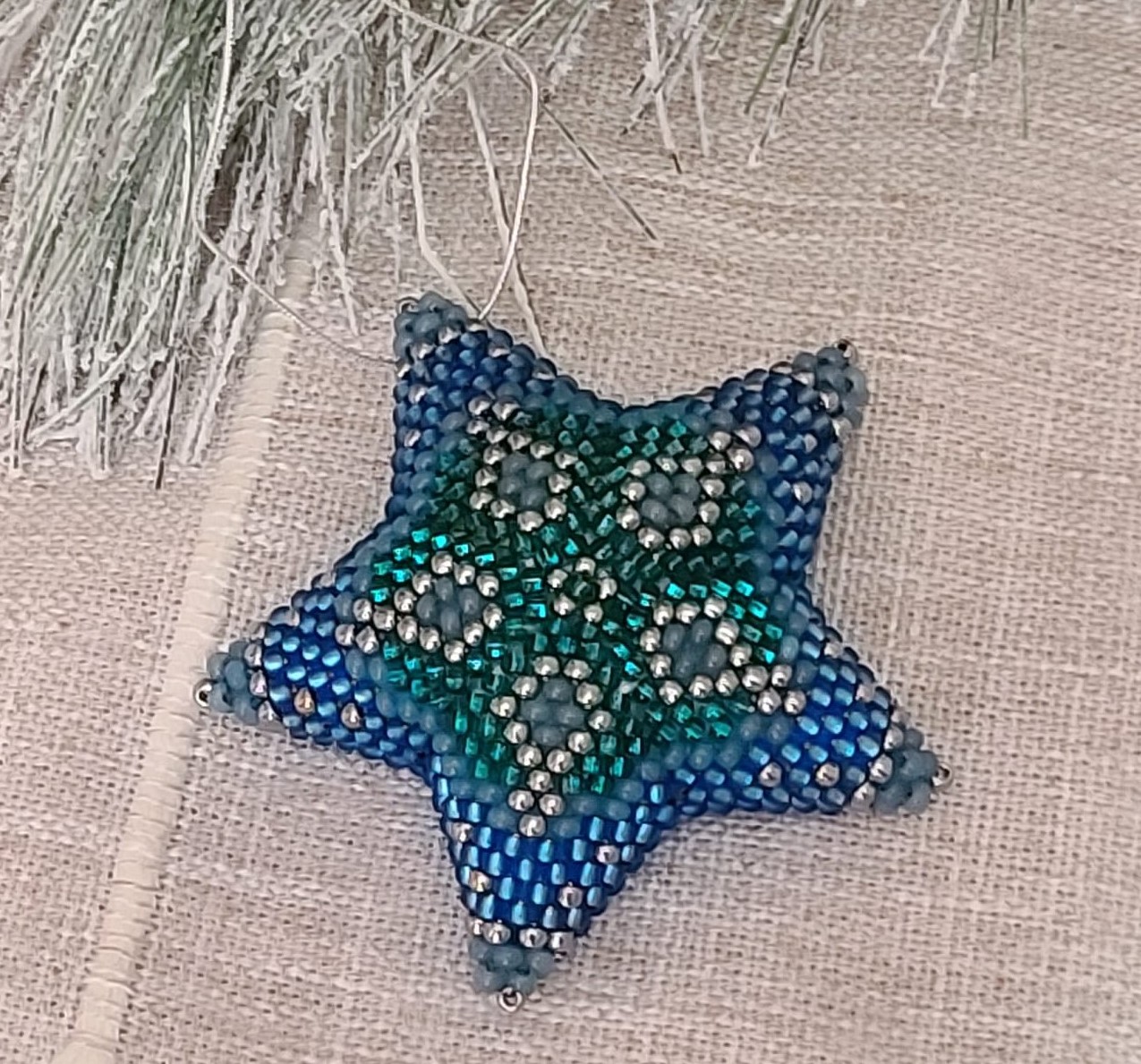 Handmade Beaded 3D Star Ornament, Glass Christmas Tree ornament