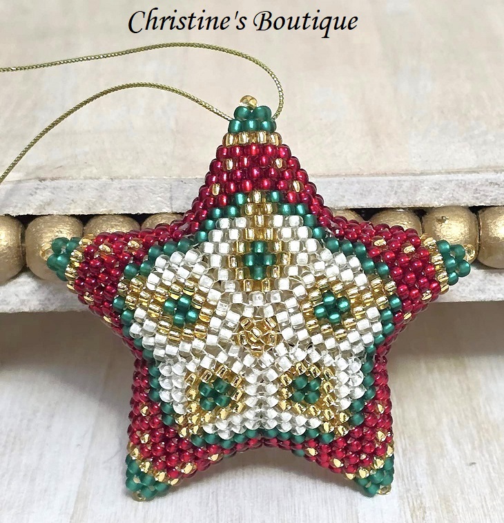 Beaded 3D star ornament, handmade, miyuki glass beads, star ornament, christmas colors