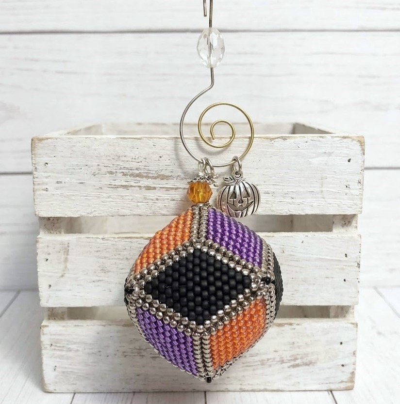 Beaded ornament, handmade, miyuki glass beads, orange, purple and black , sphere shaped, Halloween ornament