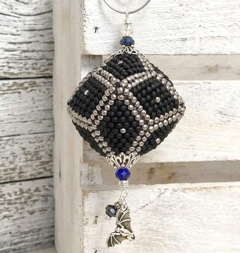 Beaded ornament, handmade, miyuki glass beads, black and silverer, sphere shaped, Halloween ornament