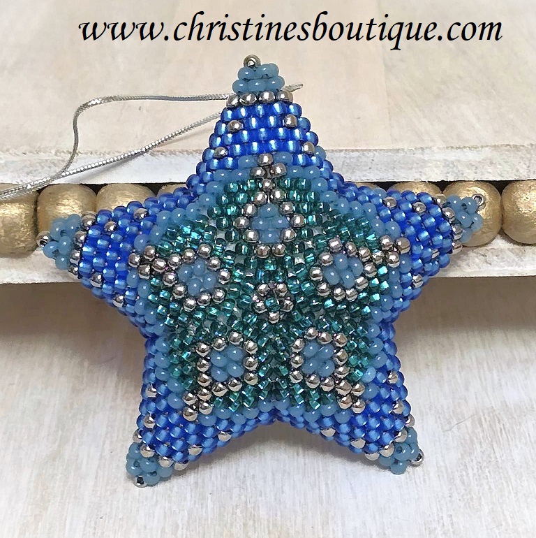 Beaded 3D star ornament, handmade, miyuki glass beads, star ornament, blue and green - Click Image to Close