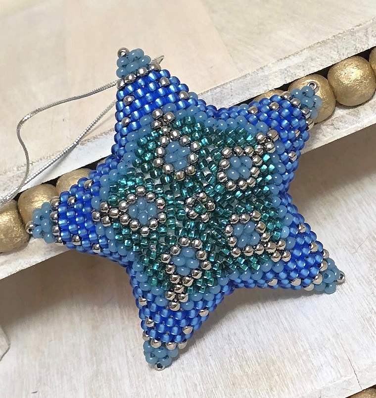 Beaded 3D star ornament, handmade, miyuki glass beads, star ornament, blue and green