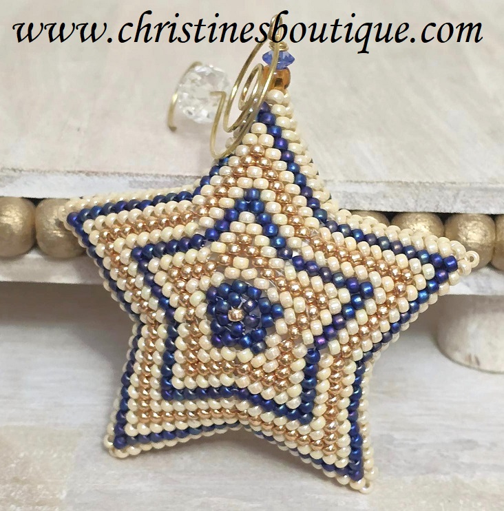 Beaded 3D star ornament, handmade, miyuki glass beads, star ornament, blue, gold and beige