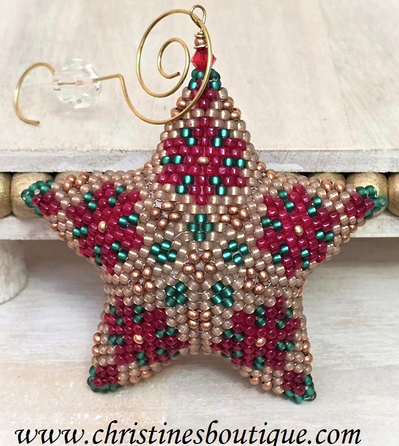 Handmade Beaded 3D Star, Miyuki Glass Star, Peyote Stitch Star Ornament, Beaded Ornament Pointsetta Flower, Christmas Flower Ornamnet