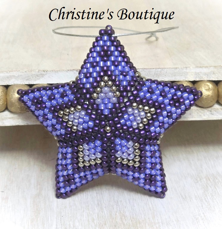 Beaded 3D star ornament, handmade, miyuki glass beads, star ornament, dark purple - Click Image to Close