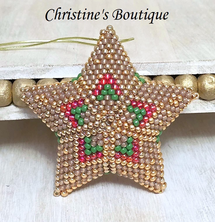 Beaded 3D star ornament, handmade, miyuki glass beads, star ornament, gold and beige - Click Image to Close