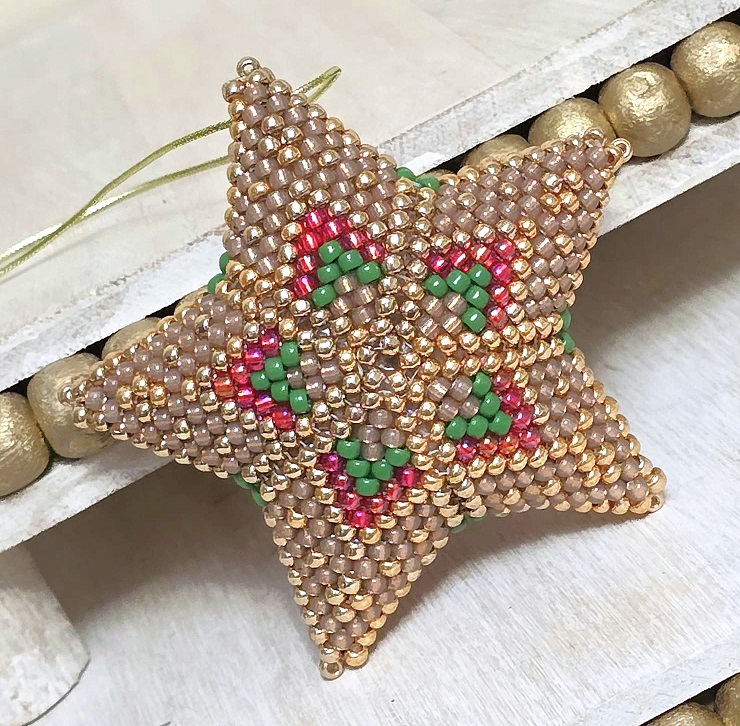 Beaded 3D star ornament, handmade, miyuki glass beads, star ornament, gold and beige