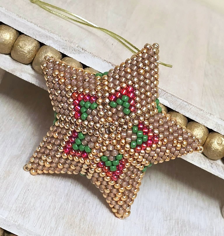 Beaded 3D star ornament, handmade, miyuki glass beads, star ornament, gold and beige