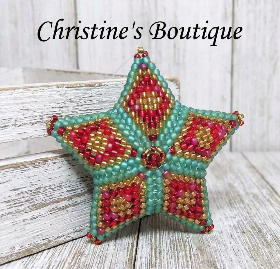 Handmade Beaded 3D Star Ornament, Glass Christmas Tree ornament, green and red
