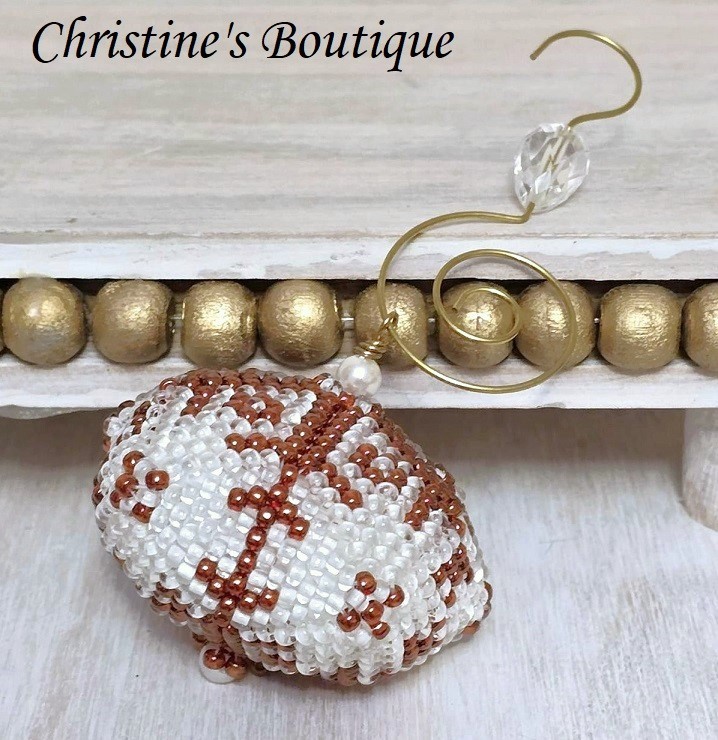 Beaded ornament, handmade, miyuki glass beads, top, snowflake design with pearl accent