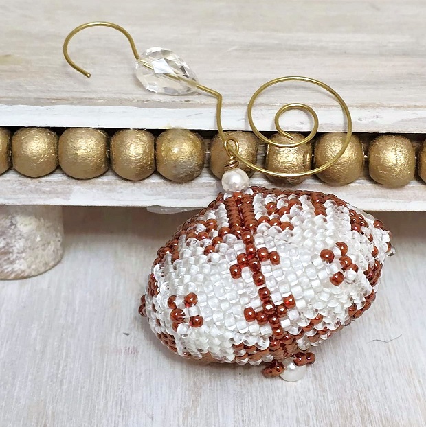 Beaded ornament, handmade, miyuki glass beads, top, snowflake design with pearl accent