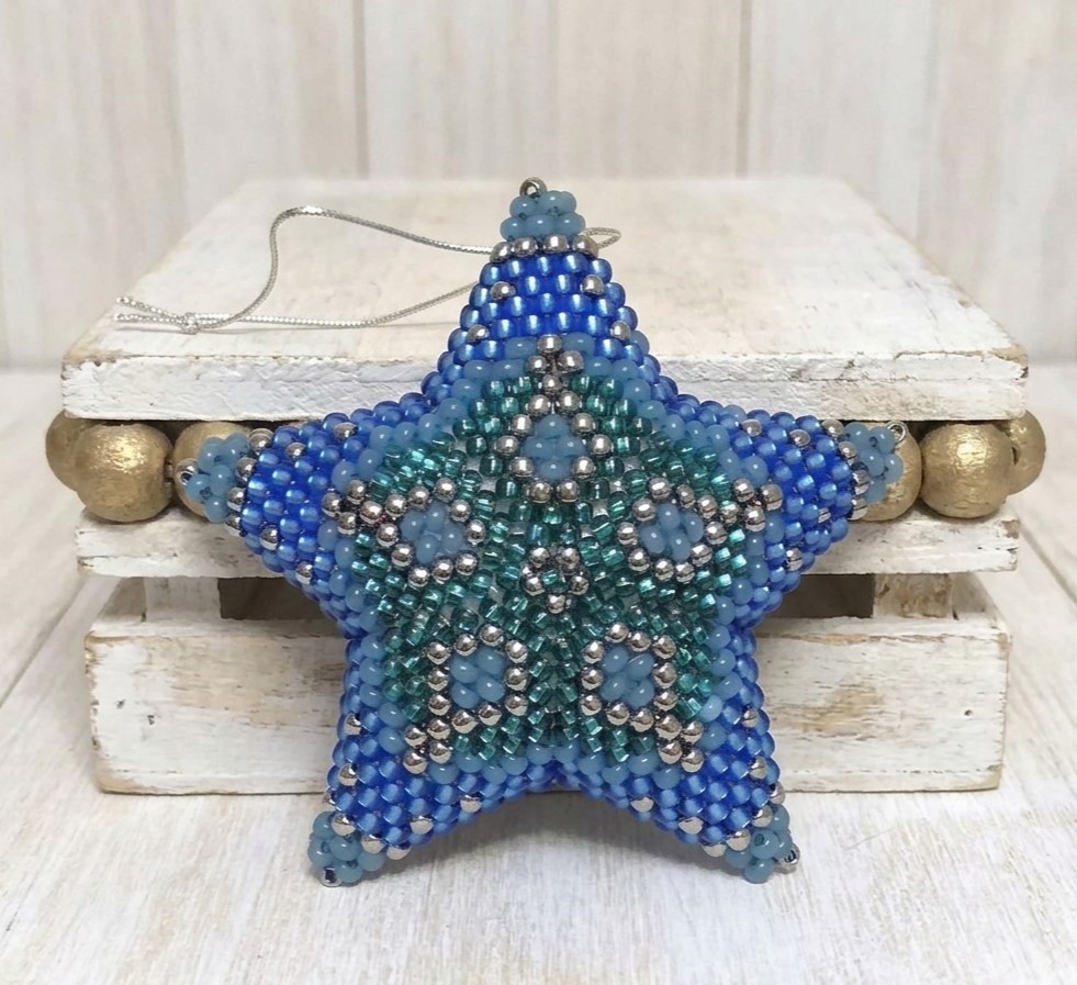 Beaded 3D star ornament, handmade, miyuki glass beads, star ornament, blue and green Beaded 3D star ornament, handmade, miyuki glass beads, star ornament, blue and green