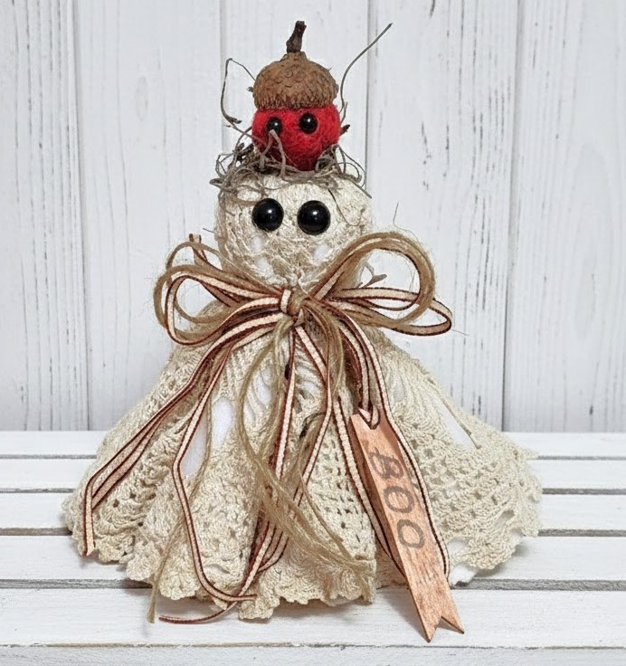 Ghost decor, Crochet Doily Ghost with Pumpkin, Cute Ghost, Tabletop display, flowing felt ghost, handmade
