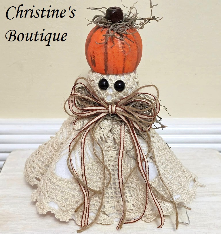 Ghost decor, Crochet Doily Ghost with Pumpkin, Cute Ghost, Tabletop display, flowing felt ghost, handmade