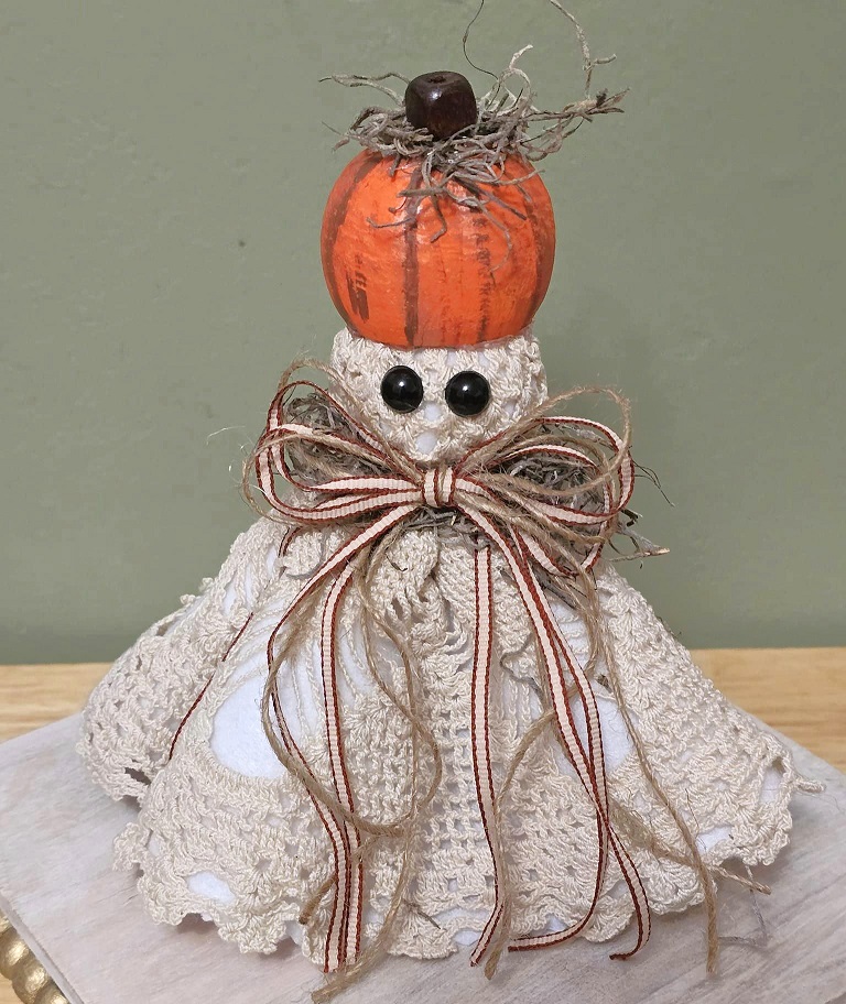 Ghost decor, Crochet Doily Ghost with Pumpkin, Cute Ghost, Tabletop display, flowing felt ghost, handmade