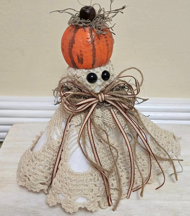 Ghost decor, Crochet Doily Ghost with Pumpkin, Cute Ghost, Tabletop display, flowing felt ghost, handmade