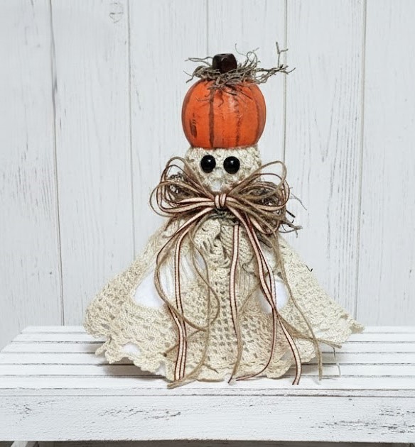 Ghost decor, Crochet Doily Ghost with Pumpkin, Cute Ghost, Tabletop display, flowing felt ghost, handmade