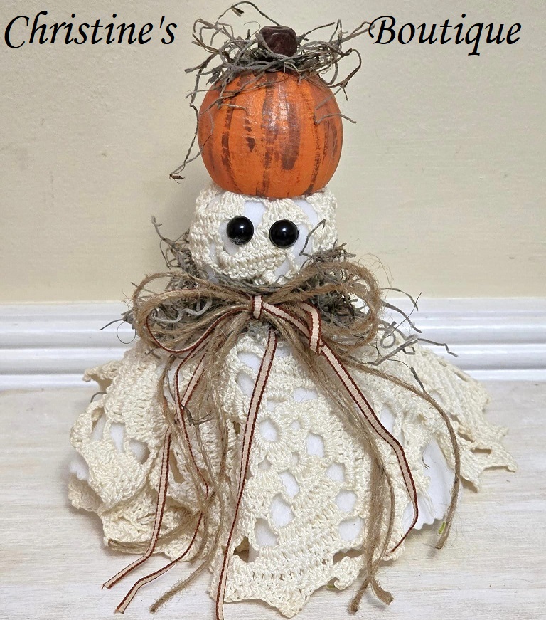 Ghost decor, Crochet Doily Ghost with Pumpkin, Cute Ghost, Tabletop display, flowing felt ghost, handmade