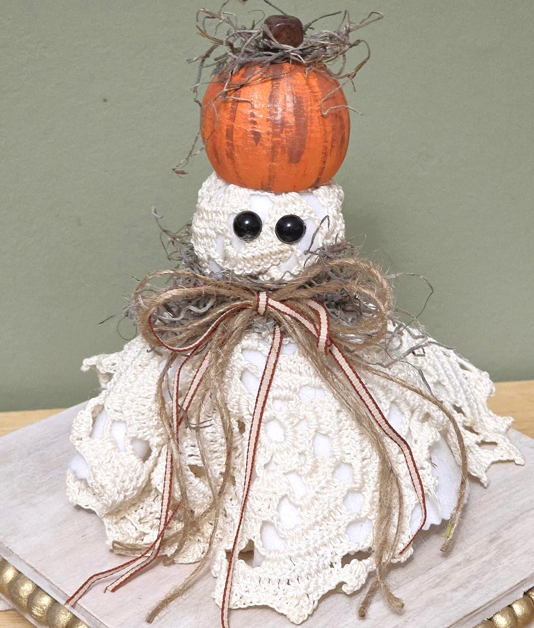 Ghost decor, Crochet Doily Ghost with Pumpkin, Cute Ghost, Tabletop display, flowing felt ghost, handmade