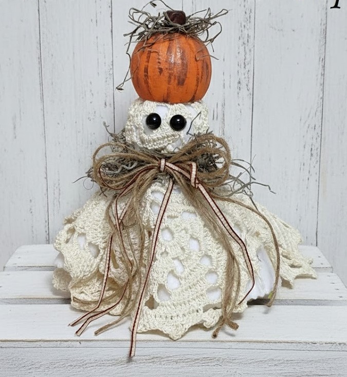Ghost decor, Crochet Doily Ghost with Pumpkin, Cute Ghost, Tabletop display, flowing felt ghost, handmade
