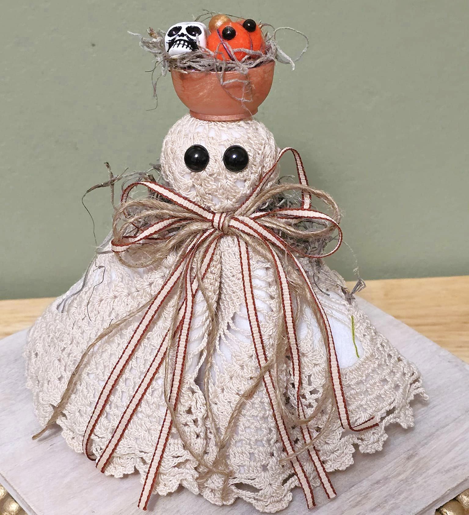 Ghost decor, Crochet Doily Ghost with Pumpkin, Cute Ghost, Tabletop display, flowing felt ghost, handmade