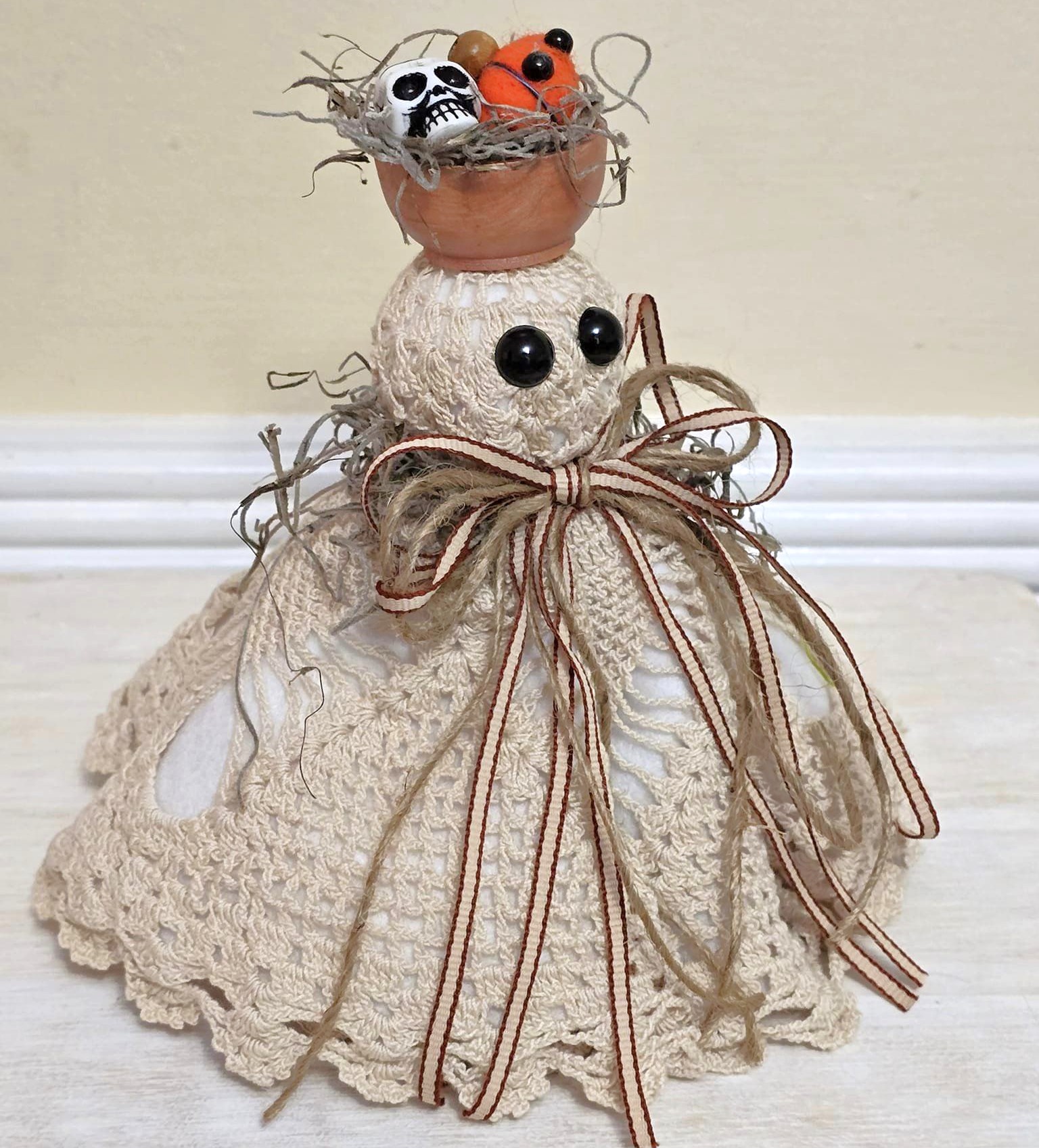 Ghost decor, Crochet Doily Ghost with Pumpkin, Cute Ghost, Tabletop display, flowing felt ghost, handmade