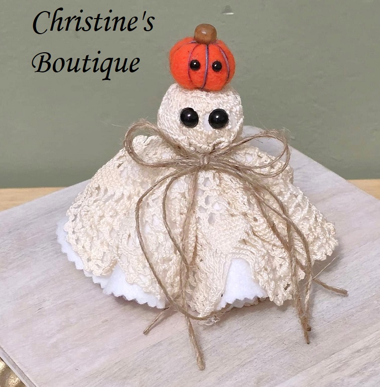 Ghost decor, Crochet Doily Ghost with Pumpkin, Cute Ghost, Tabletop display, flowing felt ghost, handmade