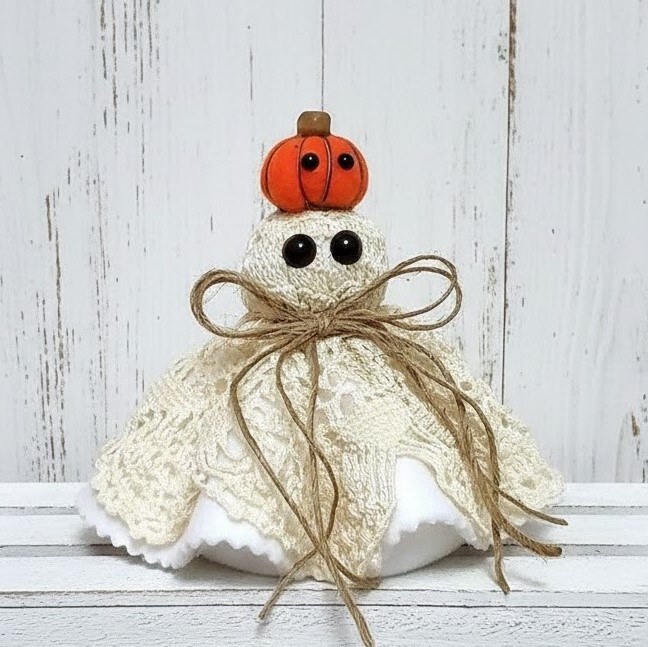 Ghost decor, Crochet Doily Ghost with Pumpkin, Cute Ghost, Tabletop display, flowing felt ghost, handmade