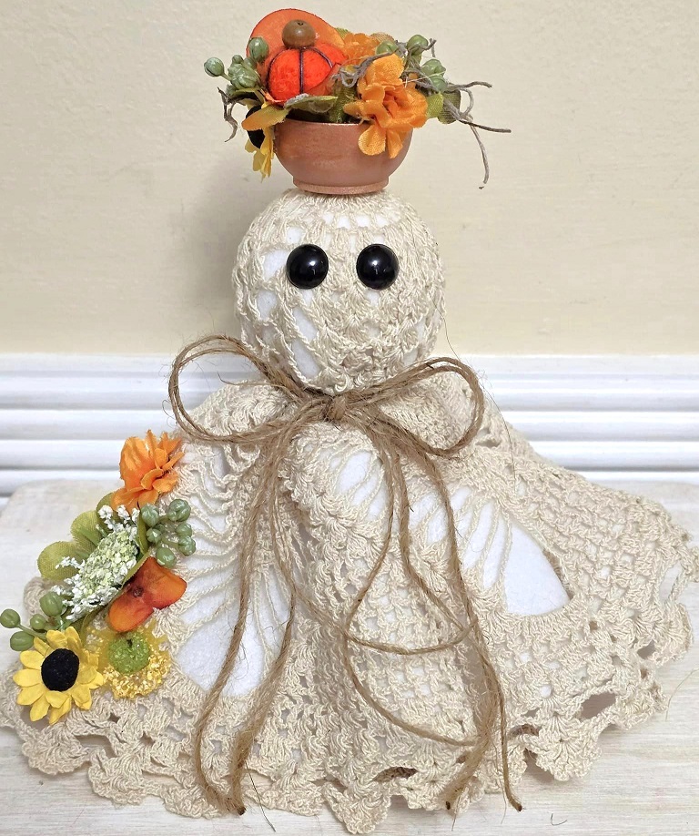 Ghost decor, Crochet Doily Ghost, Cute Ghost, Tabletop display, flowing felt ghost, handmade, Garden Ghost with florals - Click Image to Close