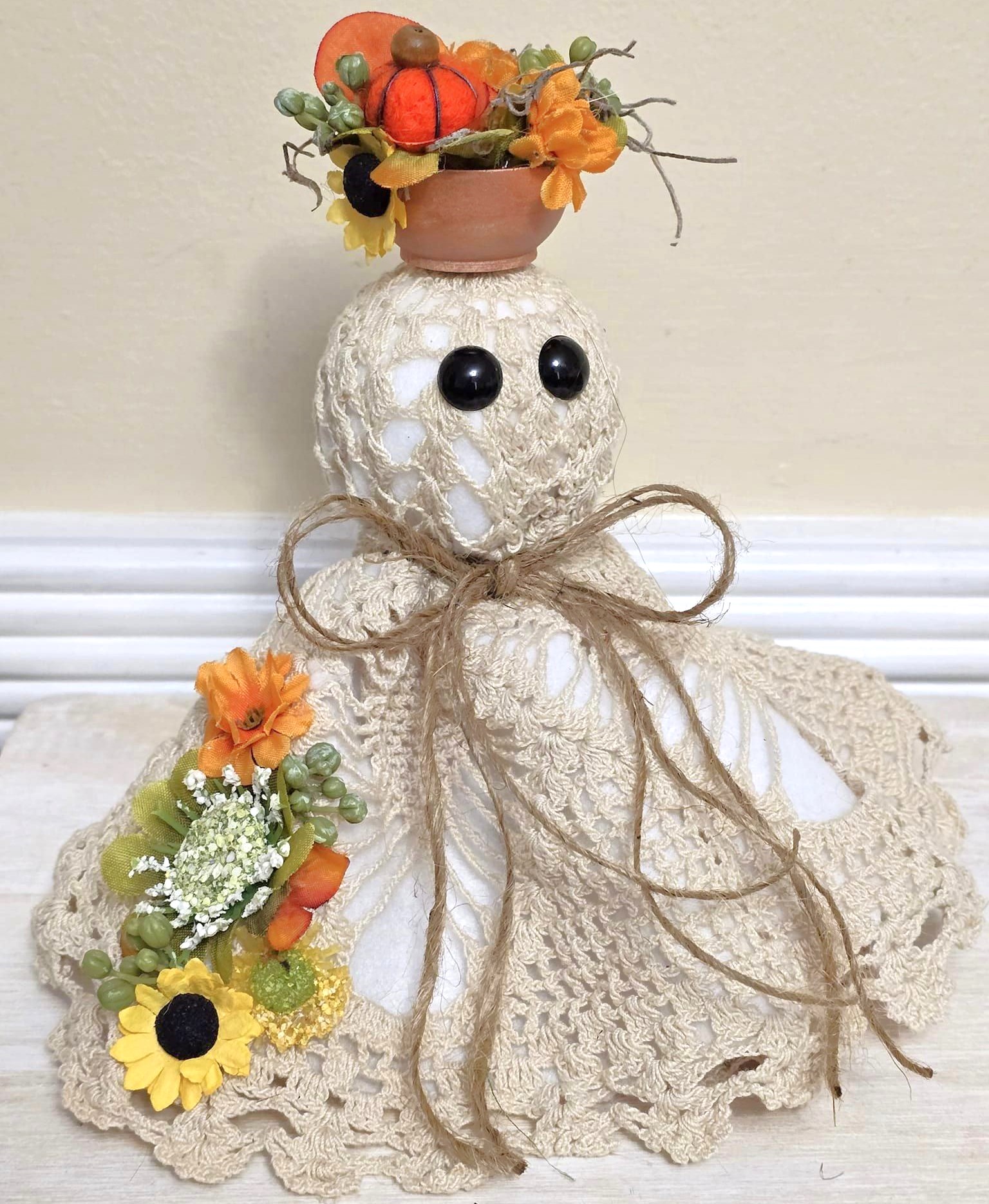 Ghost decor, Crochet Doily Ghost, Cute Ghost, Tabletop display, flowing felt ghost, handmade, Garden Ghost with florals