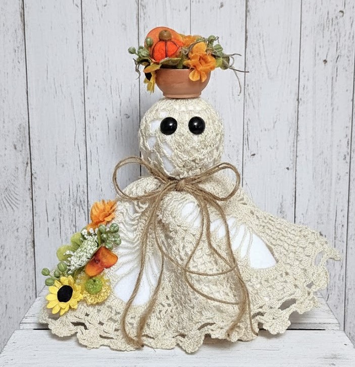Ghost decor, Crochet Doily Ghost, Cute Ghost, Tabletop display, flowing felt ghost, handmade, Garden Ghost with florals