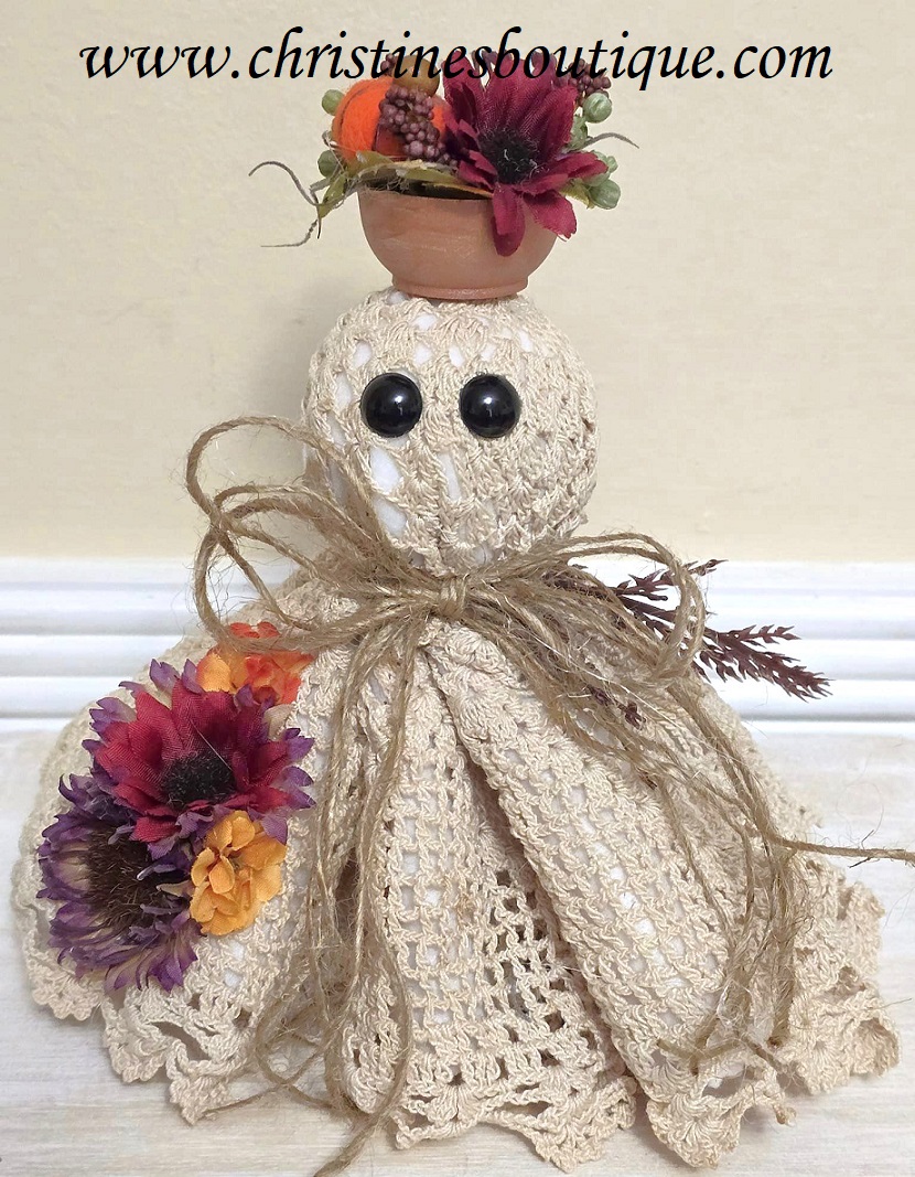 Ghost decor, Crochet Doily Ghost, Cute Ghost, Tabletop display, flowing felt ghost, handmade, Garden Ghost with florals