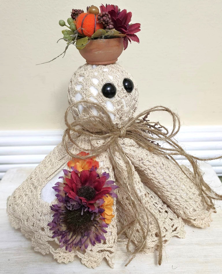 Ghost decor, Crochet Doily Ghost, Cute Ghost, Tabletop display, flowing felt ghost, handmade, Garden Ghost with florals